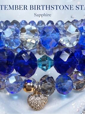 Birthstone Sapphire Blue Crystal Beaded Bracelet stack with Heart Charm